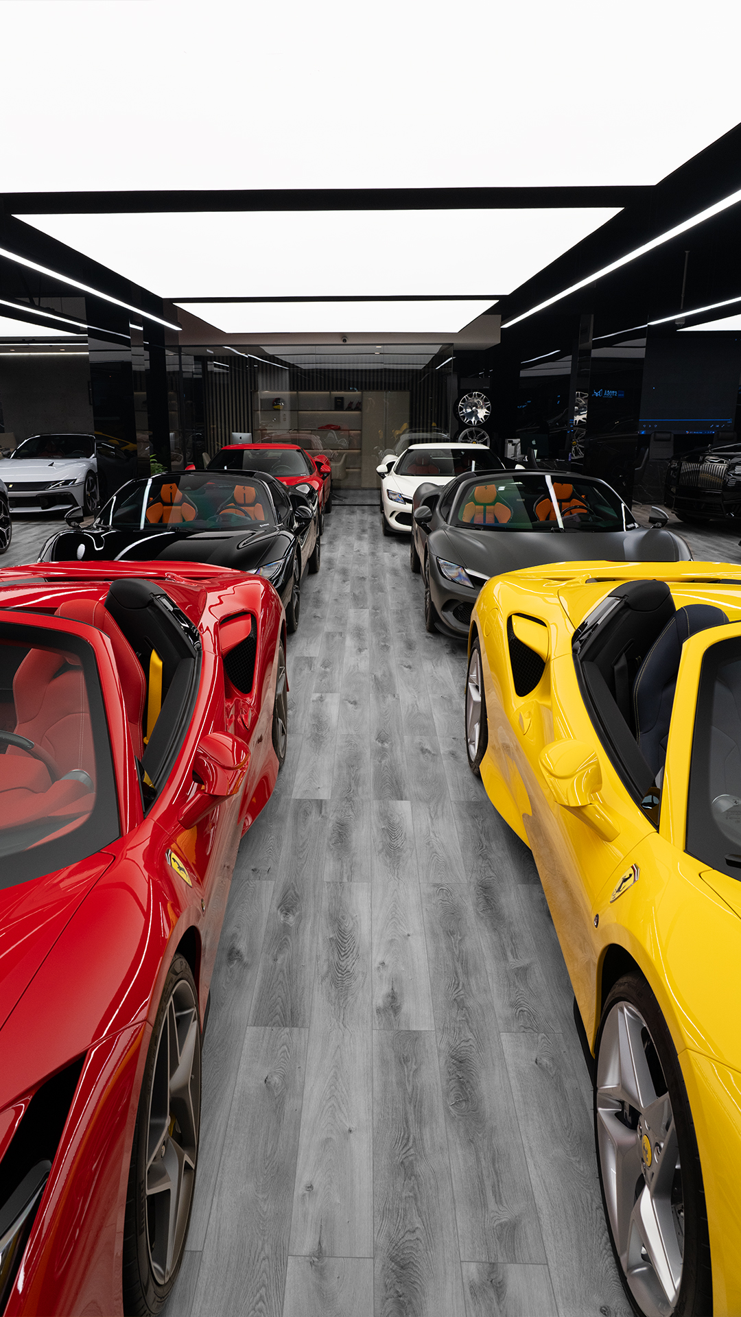 The aisle through the Premium Motors showroom